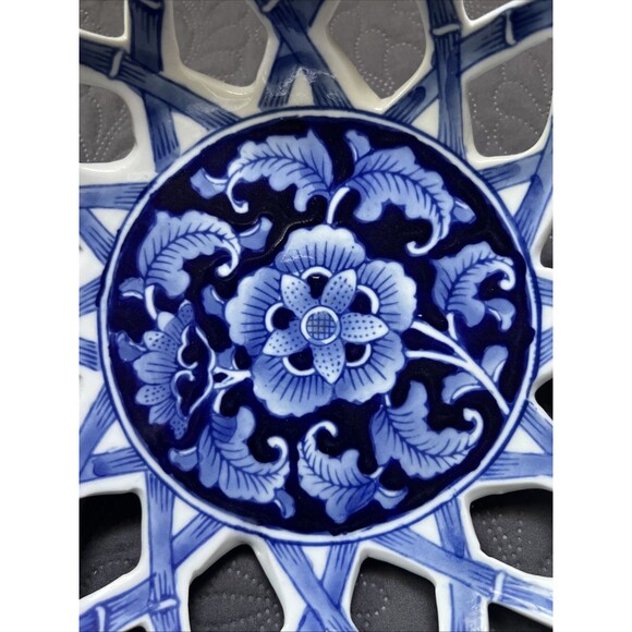 VTG Blue & White Bowl Delft Style Asian Inspired Open Woven Bowl Home Decor Gift - Picture 4 of 6